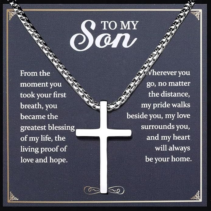 TEN MIRO Silver/Black Cross Necklace for Men Boy Stainless Steel Cross Pendant Necklace for Men Christian Religious Jewelry with Box & Card Birthday Anniversary Christmas Father's Day Gifts for Him