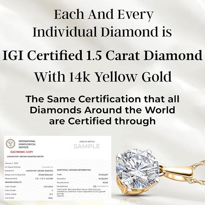 IGI Certified 0.5–4 Carat Lab Grown Diamond Solitaire Pendant Necklace (E-F Color VS Clarity) Solid 14K Gold / Platinum / Sterling Silver 20" Chain Anniversary Jewelry for Women Gifts