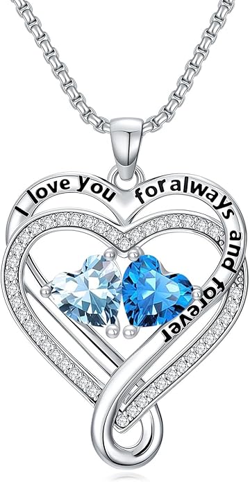 I Love You for Awlays and Forever Double Heart Necklace with Birthstone, 2 Birth Stone Jewelry Anniversary Valentines Mothers Day Christmas Birthday Gifts for Women Her Wife Girlfriend Mom Mother