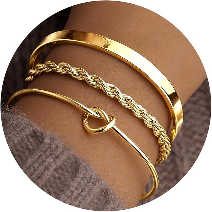 Silver Bracelets for Women Stack, Silver or Gold Plated Cuff Bangle Set, Trendy Silver Jewelry for Women Fashion