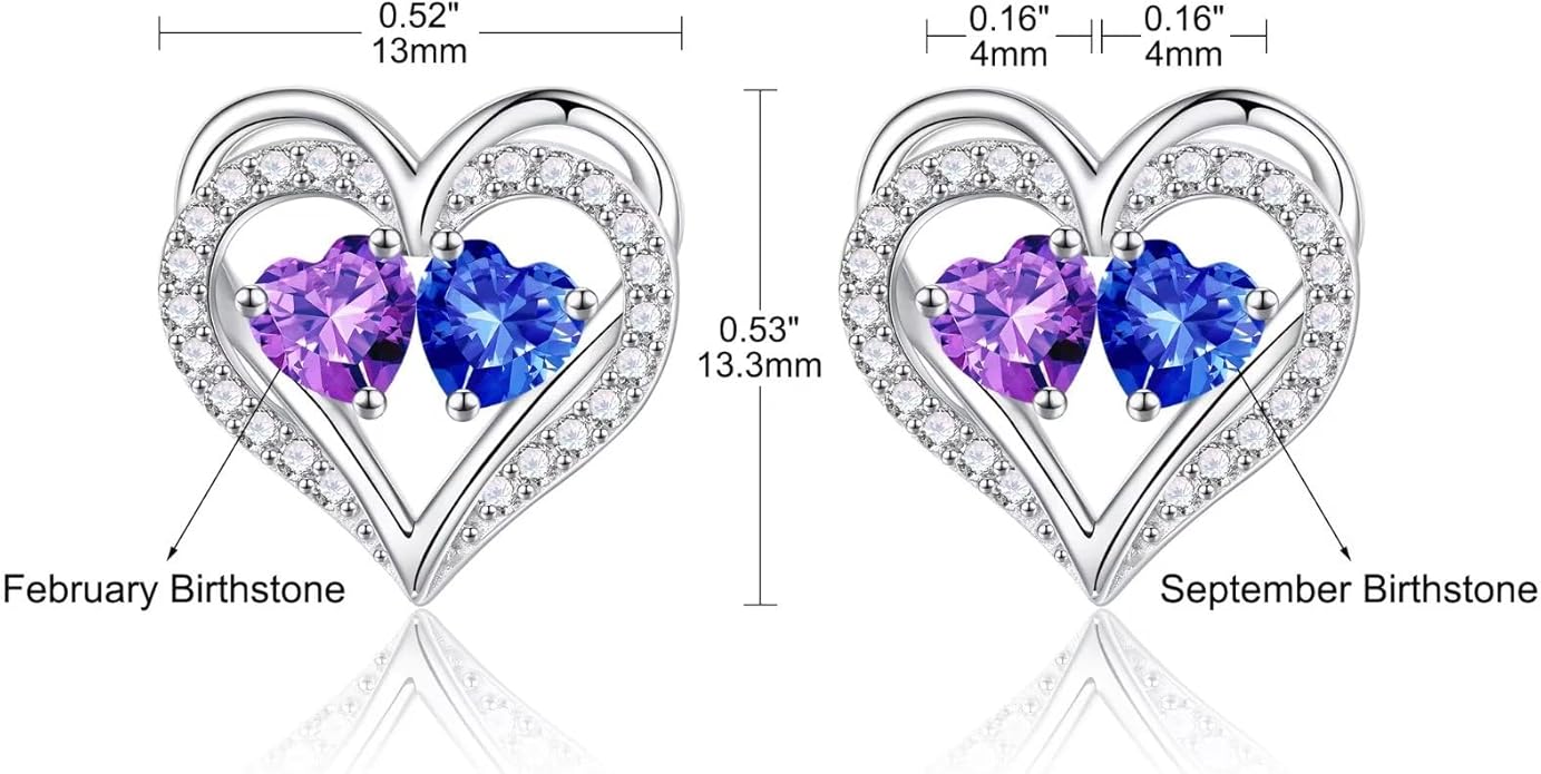 Iefil Birthstone Earrings for Women - 925 Sterling Silver Heart Earrings Anniversary Birthday Gifts for Women Wife Girlfriend Mom