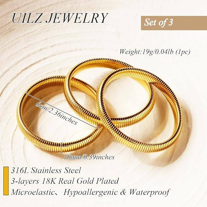 UILZ 3-Pack Gold Bangles Bracelet for Women - 24K Real Gold Plated Stainless Steel Chunky Stretch Bangles Stackable Wide Bracelet Jewelry for Everyday & Special Occasions Pulseras Para Mujer