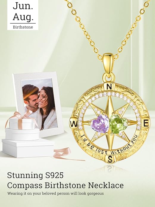 Zeuslia Double Birthstone Necklace Gifts for Wife - 925 Sterling Silver Sunflower/Rose/Crown Cross/Compass/Heart Pendant I Love You Necklace, Anniversary Birthday Gifts for Wife Girlfriend Mom Her