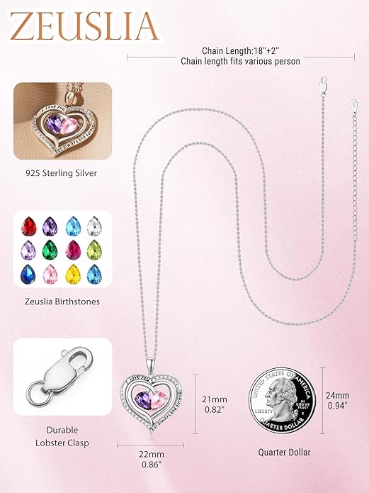 Zeuslia Double Birthstone Necklace Gifts for Wife - 925 Sterling Silver Sunflower/Rose/Crown Cross/Compass/Heart Pendant I Love You Necklace, Anniversary Birthday Gifts for Wife Girlfriend Mom Her