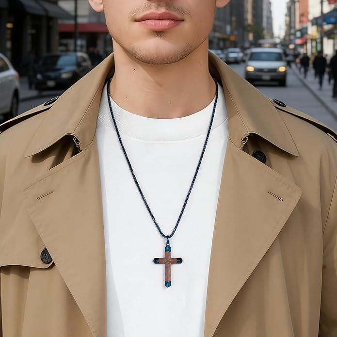 GTMJ Cross Necklace for Men -Stainless Steel & Wood Adjustable Box Chain 24-26in, Spiritual Jewelry Gift for Him, Everyday Wear