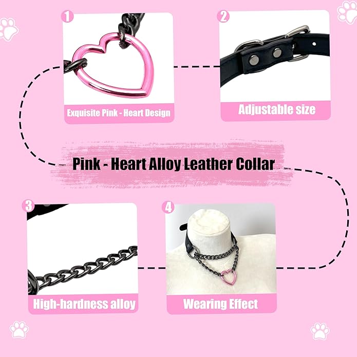 Black Leather Choker Collar For Women, Handmade Heart Slip Chain Choker Long Necklace with Adjustable Buckle