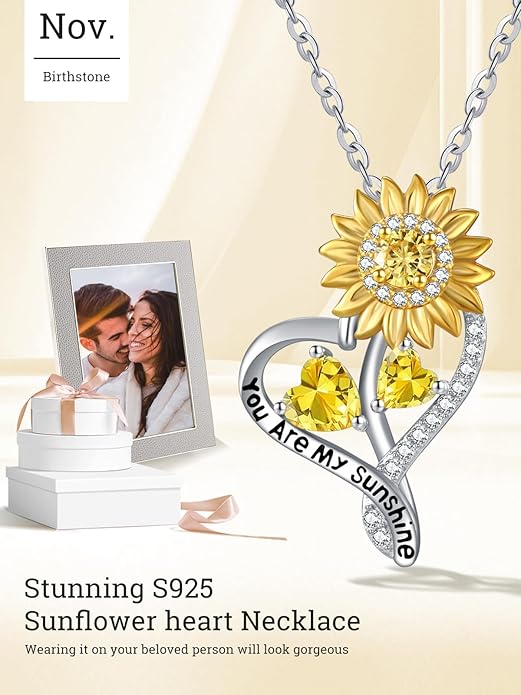 Zeuslia Double Birthstone Necklace Gifts for Wife - 925 Sterling Silver Sunflower/Rose/Crown Cross/Compass/Heart Pendant I Love You Necklace, Anniversary Birthday Gifts for Wife Girlfriend Mom Her