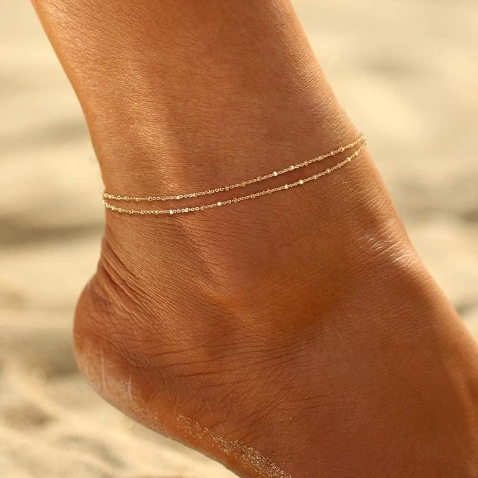 Ritach Ankle Bracelets for Women - Silver/Gold Plated Stainless Steel Anklets for Women Waterproof Layered Cuban Link Figaro Chain Heart Anklets Set Summer Beach Jewelry Gifts