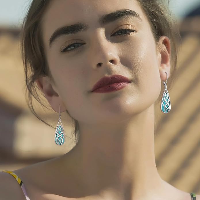 Turquoise Earrings for Women, Turquoise Jewelry for Women S925 Sterling Silver Dangle Teardrop Earrings Celtic Design, Boho Jewelry Gift for Friend Lover Mother