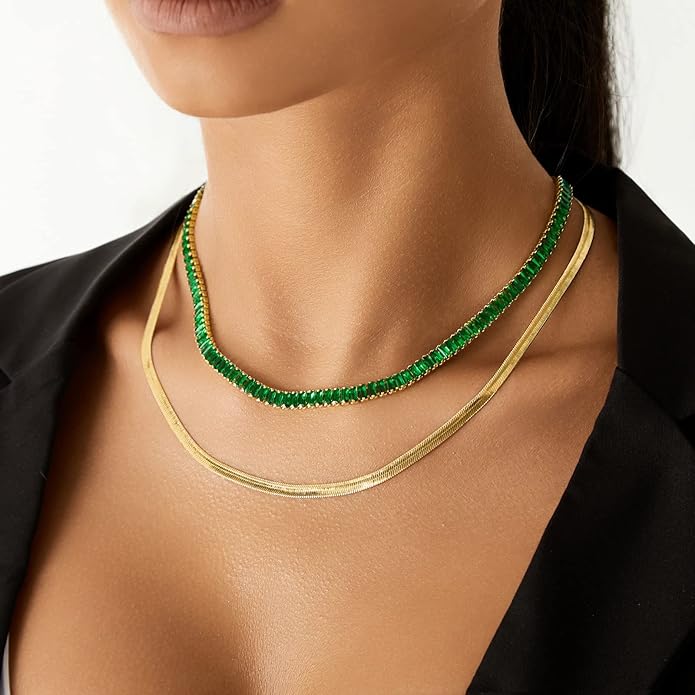 KissYan Diamond Tennis Necklace for Women, 14K/White Gold Plated Cubic Zirconia Baguette Tennis Chain Chunky Paperclip Link Cuban Choker Necklace Dainty Jewelry Gifts