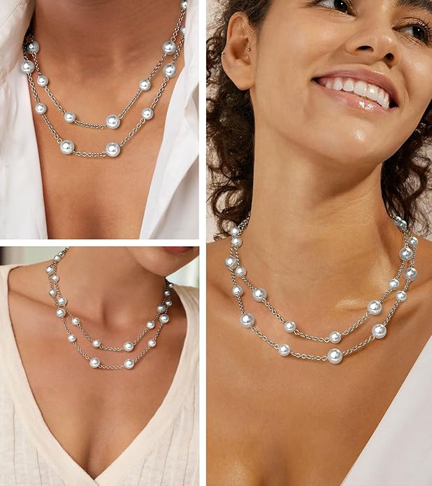 Gold Pearl Necklace for Women, Chunky 18K Gold Plated Layered Choker Chain - Double Layered Pearl Necklace, Trendy Gold Jewelry Birthday Gifts