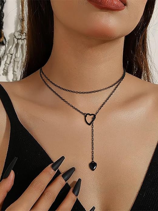FOCALOOK Lariat Y-Necklaces | Long Necklaces for Women | Long Black Necklaces | Gold Necklaces for Women | Drop Heart Necklaces for Women | Front Adjustable Long Chain Necklace