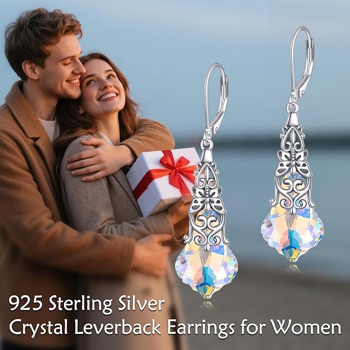 Austrian Crystal Dangle Drop Leverback Earrings for Women 925 Sterling Silver Vintage Oxidized Butterfly Filigree Hypoallergenic Jewelry
