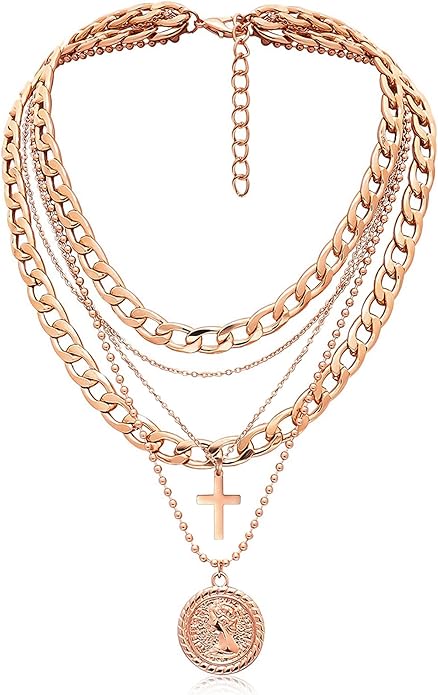 MJartoria Layered Necklaces for Women Trendy Retro Coin Pendant Necklace Dainty Chunky Chain Choker Necklaces for Jewelry Birthday Gifts