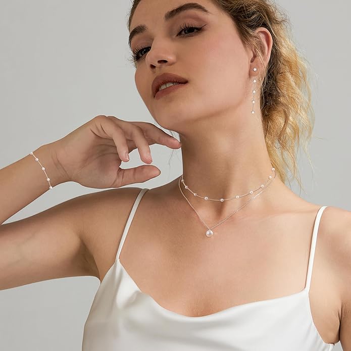 Gold Jewelry Set for Women - Dainty 14K Gold/Silver Plated Pearl Choker Necklace, Drop Earrings & Bracelets - Wedding Trendy Pearl Jewelry Gift