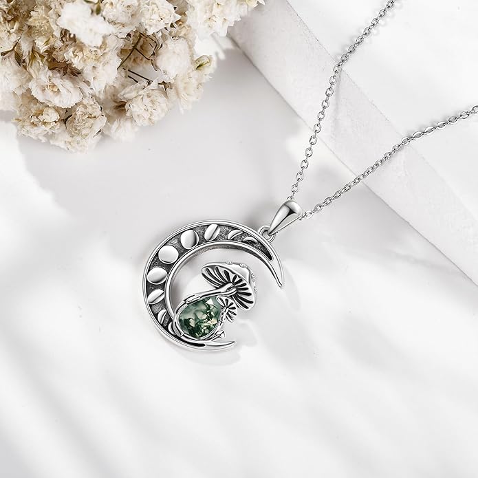 YAFEINI Mushroom Necklace Moonstone/Moss Agate/Malachite/Labradorite/Turquoise/Amber/Larimar/Black Onyx/Lapis Lazuli/Peridot/Opal Sterling Silver Mushroom Pendant Mother's Day Jewelry for Women Mom
