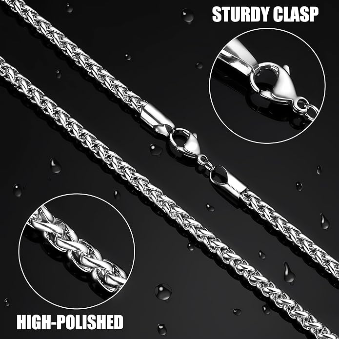 Fiusem Wheat Chains for Men and Women, 2/2.5/3/4/5mm Silver Tone/14K Gold Plated/Black Necklace Chain, Stainless Steel Mens Necklace 16-28 Inch