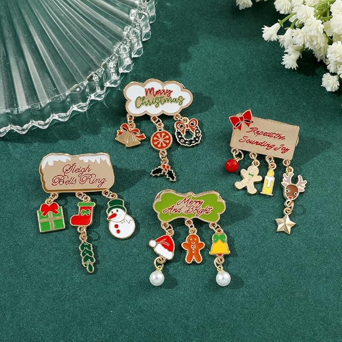 ONLYJUMP Christmas Bell Brooch Pins for Women Girls Lovely Crystal Christmass Tree Snowflake Bell Reindeer Snowman Brooches Colorful Xmas Enamel Pins Holiday Party Gift