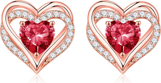 Iefil Birthstone Earrings for Women, 925 Sterling Silver Heart Stud Earrings Birthday Gifts for Women