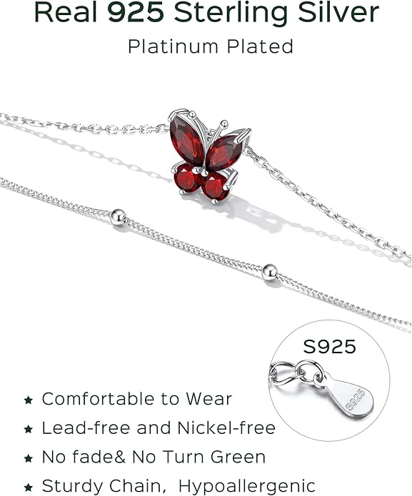 ChicSilver 925 Sterling Silver Anklets for Women Waterproof, Sparkling Birthstone Ankle Bracelets for Women, Adjustable Layered Butterfly Anklet Summer Beach Jewelry