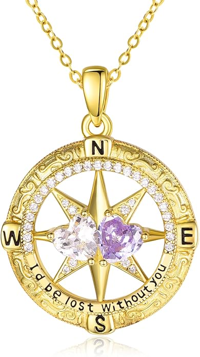 Zeuslia Double Birthstone Necklace Gifts for Wife - 925 Sterling Silver Sunflower/Rose/Crown Cross/Compass/Heart Pendant I Love You Necklace, Anniversary Birthday Gifts for Wife Girlfriend Mom Her