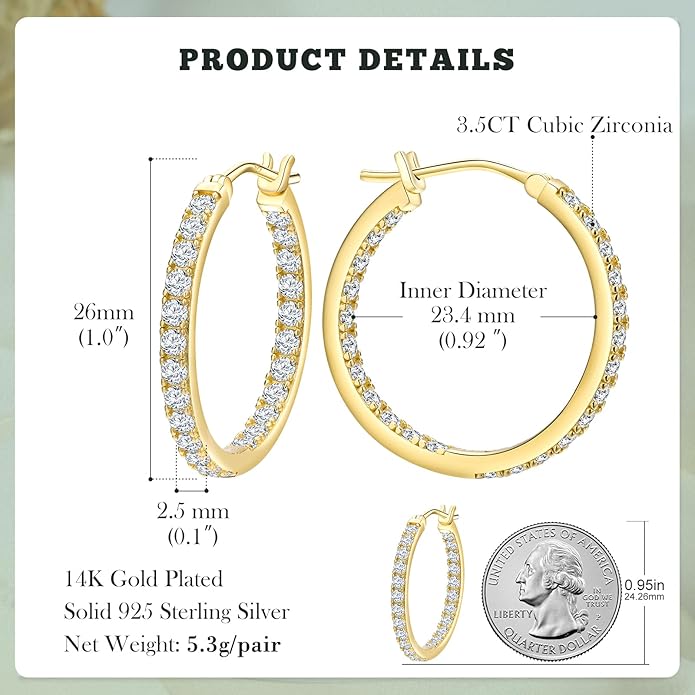Yellow Gold Plated/925 Sterling Silver Sparkle Cubic Zirconia Hoop Earrings for Women fit Sensitive Ears 14mm/20mm/26mm Huggie/Medium/Large Hoops(with Gift Box)