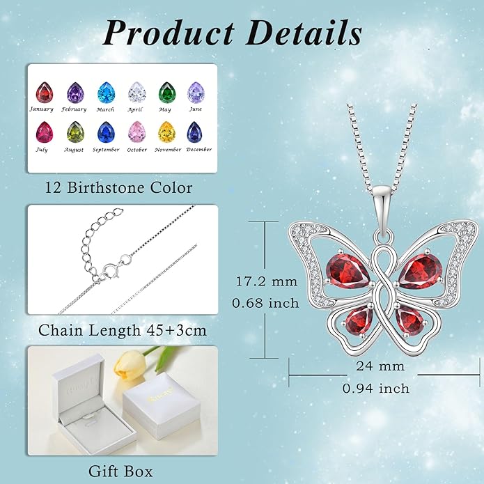Butterfly Necklace 925 Sterling Silver Cubic Zirconia Birthstone Jewelry Gifts for Women Wife Mother
