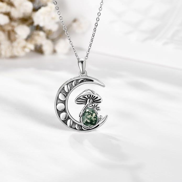 YAFEINI Mushroom Necklace Moonstone/Moss Agate/Malachite/Labradorite/Turquoise/Amber/Larimar/Black Onyx/Lapis Lazuli/Peridot/Opal Sterling Silver Mushroom Pendant Mother's Day Jewelry for Women Mom