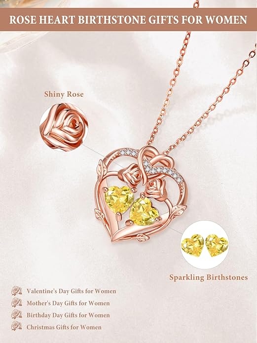 Rose Gold Necklaces for Women Double Birthstone Rose Flower Heart Pendant Necklace Jewelry Anniversary Christmas Valentine's Mother's Day Birthday Gift for Wife Mom Her Girlfriend Sister