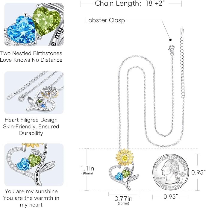PERJI Valentine's Day Gifts for Women - 925 Sterling Silver Double Birthstone Sunflower Necklace, Anniversary Birthday Jewelry You are My Sunshine Gifts for Wife Couple Girlfriend 18"+2" Non Tarnish