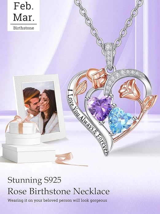 Zeuslia Double Birthstone Necklace Gifts for Wife - 925 Sterling Silver Sunflower/Rose/Crown Cross/Compass/Heart Pendant I Love You Necklace, Anniversary Birthday Gifts for Wife Girlfriend Mom Her