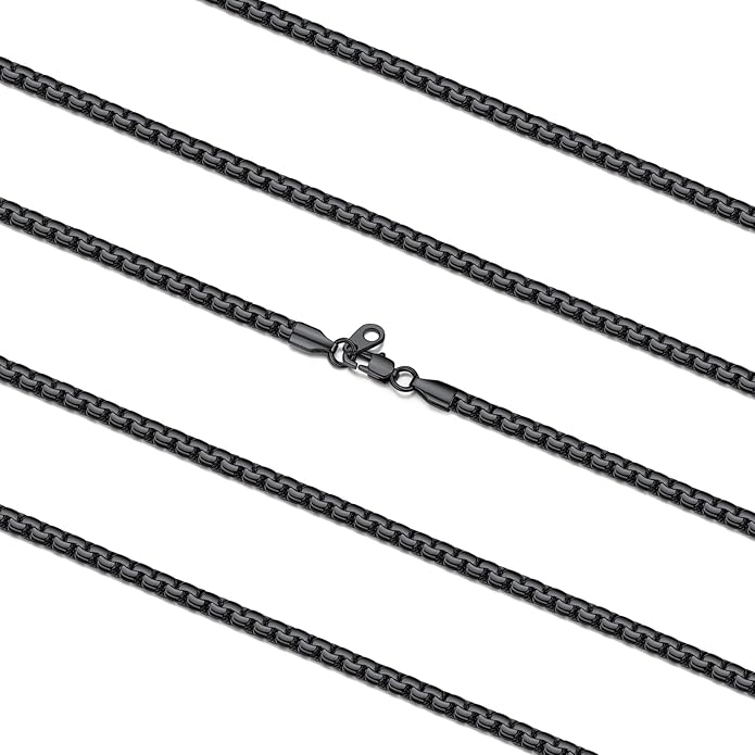 FaithHeart Mens Black/Silver/Gold Stainless Steel Flat Box Link Chain Necklace, Stylish 2/4/6/8mm Width Box Chains Necklaces for Men Non Tarnish Hip Hop Chain Jewelry Gifts,14"-30" Length