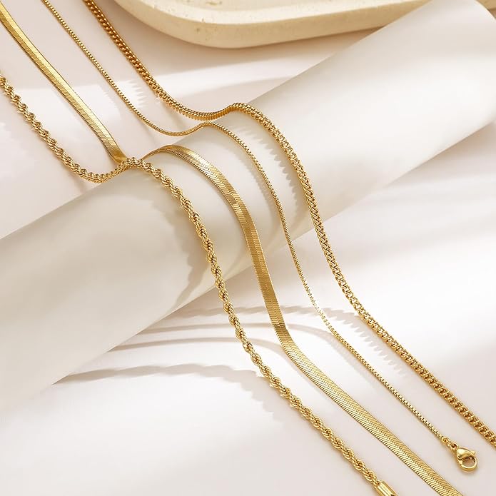 Tewiky Layered Necklaces for Women Non Tarnish- Chunky 14k Gold Plated Herringbone/Snake/Rope/Box/Cuban Link Chain for Women Waterproof Layering Stack Choker Necklace Trendy Dainty Tarnish Free Jewelry Set