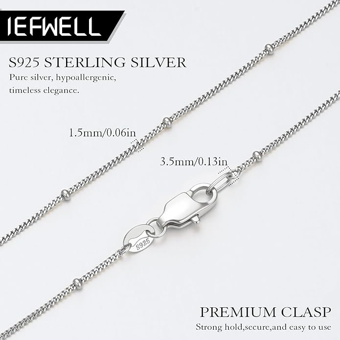 IEFWELL S925 Sterling Silver Chain Necklace for Women - 14K-Real-Gold-Plated 1.5mm Satellite Bead Chains Necklace, Hypoallergenic Sturdy Women's Chain Necklaces, 14/16/18/20/22/24 Inches Jewelry Gifts