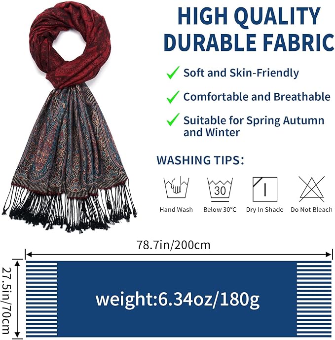 QIUTIMIY Paisley Pashmina Shawl Wrap Women Reversible Vintage Jacquard Pashmina Rave Scarf with Fringe for Evening, Wedding