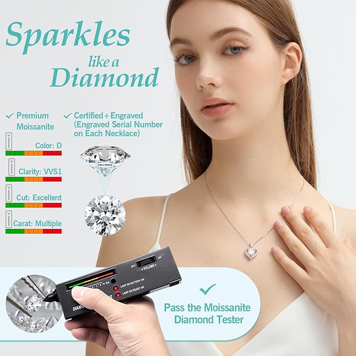 Moissanite Necklace for Women Moissanite Lab Created Diamond Heart Pendant Necklace Sterling Silver 1-3 Carat, Engraved with 'I LOVE YOU', Jewelry Gifts, for Wife, for Girlfriend, for Mom, Birthday Gift, Anniversary Present