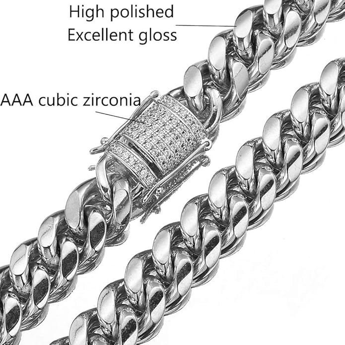 Jxlepe Mens Miami Cuban Link Chain White 15mm Stainless Steel Curb Necklace with cz Diamond Chain Choker