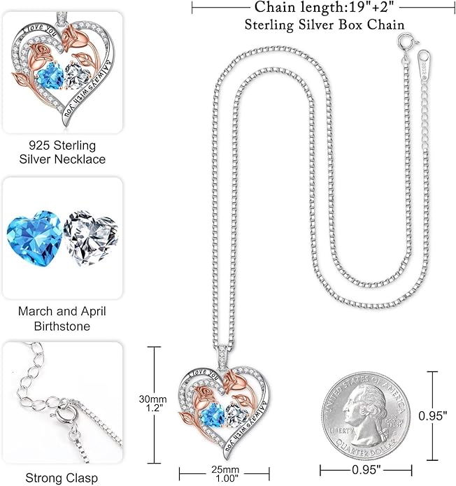 Iefil Birthstone Necklace for Women - 925 Sterling Silver Rose Heart Birthstone Necklace Birthday Anniversary Jewelry Gifts for Her Wife Mom Daughter