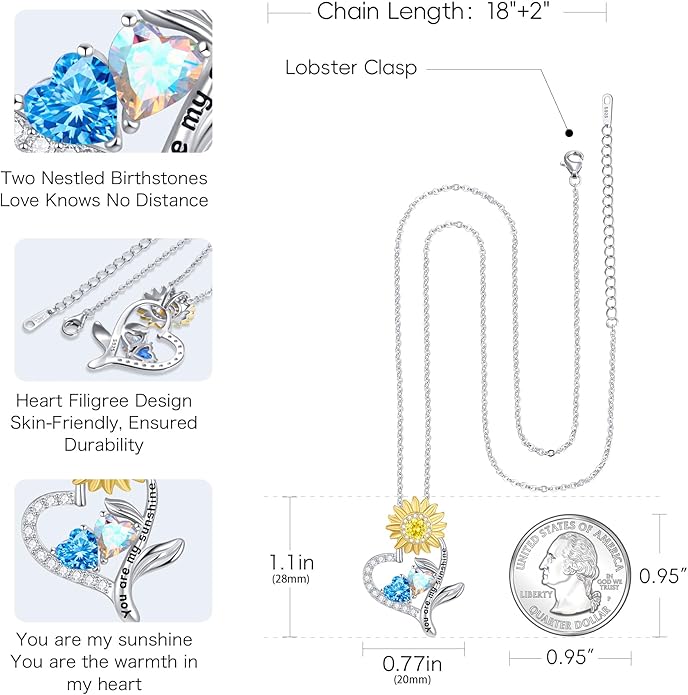 PERJI Valentine's Day Gifts for Women - 925 Sterling Silver Double Birthstone Sunflower Necklace, Anniversary Birthday Jewelry You are My Sunshine Gifts for Wife Couple Girlfriend 18"+2" Non Tarnish