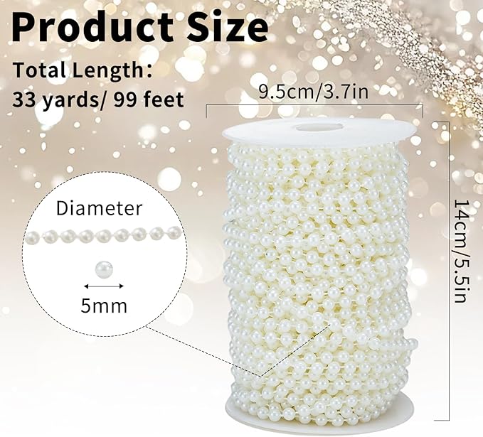 Rytenz Pearls String Bead, Ivory Color Faux Pearl Beads Roll Strand for Wedding Party Christmas Tree and Flowers Decorations Garland DIY Crafts (5mm- 99 Feet)