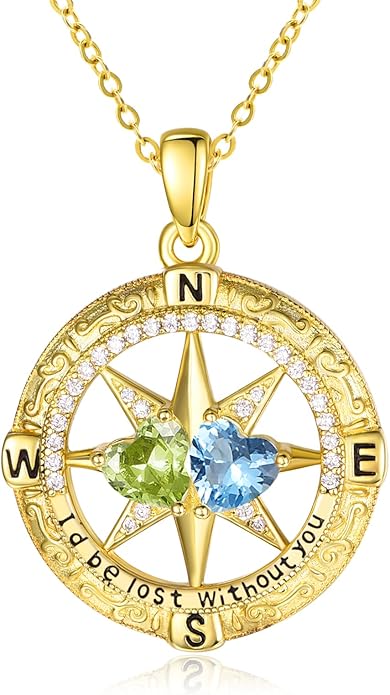 Zeuslia Double Birthstone Necklace Gifts for Wife - 925 Sterling Silver Sunflower/Rose/Crown Cross/Compass/Heart Pendant I Love You Necklace, Anniversary Birthday Gifts for Wife Girlfriend Mom Her