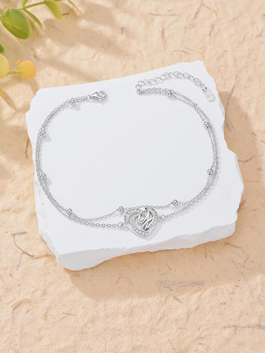 Dorunmo Initial Anklet 925 Sterling Silver Letter A-Z Layered Heart Anklet Beach Jewelry Birthday Gifts for Women