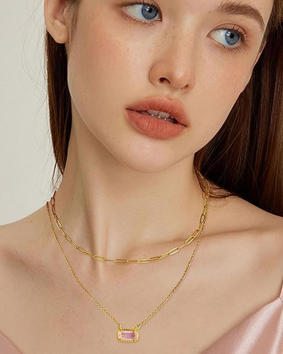 Lourny Gemstone Birthstone Pendant Layered Necklace for Women Trendy, 18K Gold Plated Paperclip Chain Preppy Choker Charm Necklace for Women Wife Jewelry