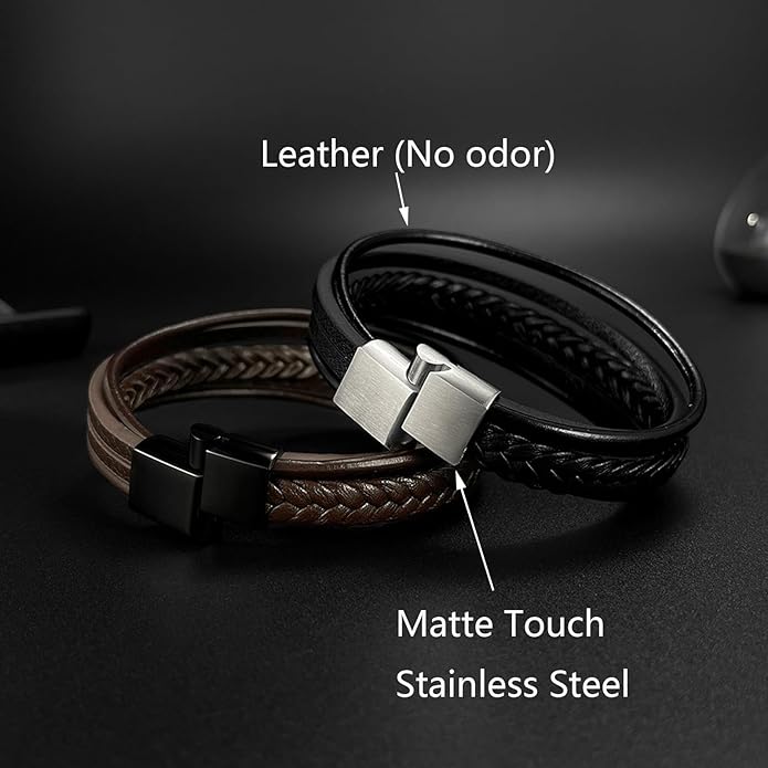 Italian Handmade Genuine Leather Bracelets for Men Stainless Steel Clip, Men's Casual Genuine Multi-layer Cuff Bracelet, Bracelet Gift for Real Men