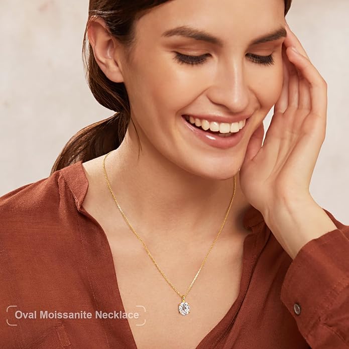 Moissanite Necklace for Women 0.1-12.0CT(3-15mm) Oval/Round Cut Moissanite Pendant 18k Gold Plated Sterling Silver Necklace D Color VVS1 Solitaire Pendant with 18+2 Inch Chain Jewelry for Mom/Wife