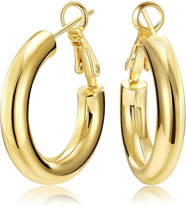 SHOWNII Chunky Gold Hoop Earrings - 14K Gold Plated Earrings for Women Hollow Tube Thick Hoops Graduation Gifts for Her