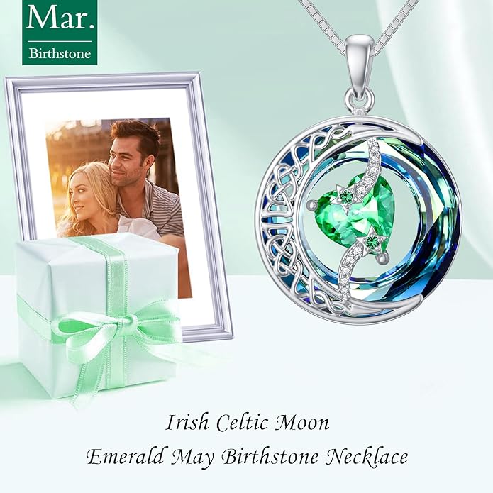 TOUPOP Christmas Gifts Birthstone Necklace 925 Sterling Silver Moon and Star Pendant with Blue Crystal Celtic Moon Jewelry Birthday Gifts for Women Mom Wife Her Daughter