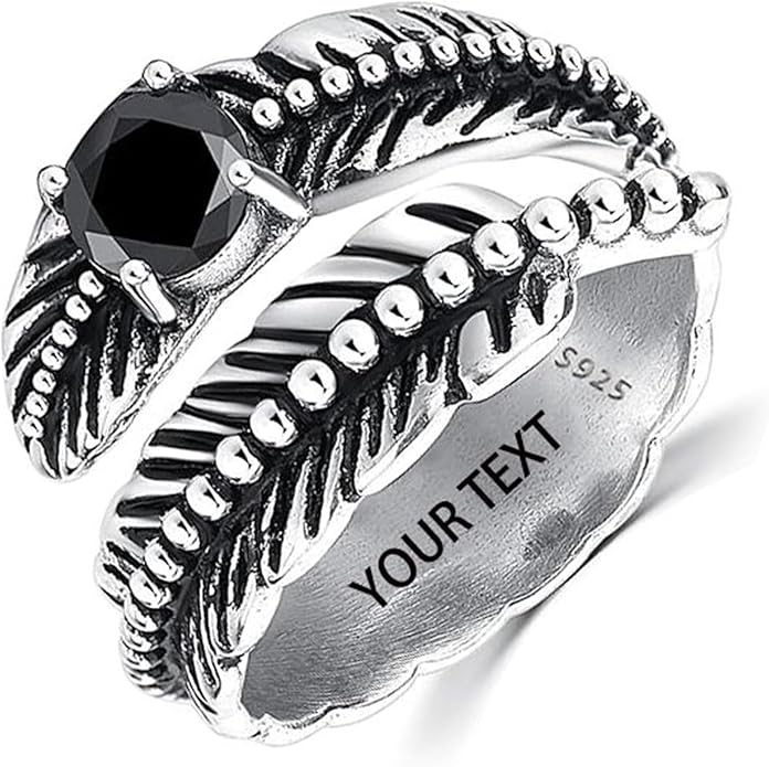 Sterling Silver Feather Ring with Black Onyx & Turquoise - Adjustable Stacking Vintage Statement Ring for Women & Men