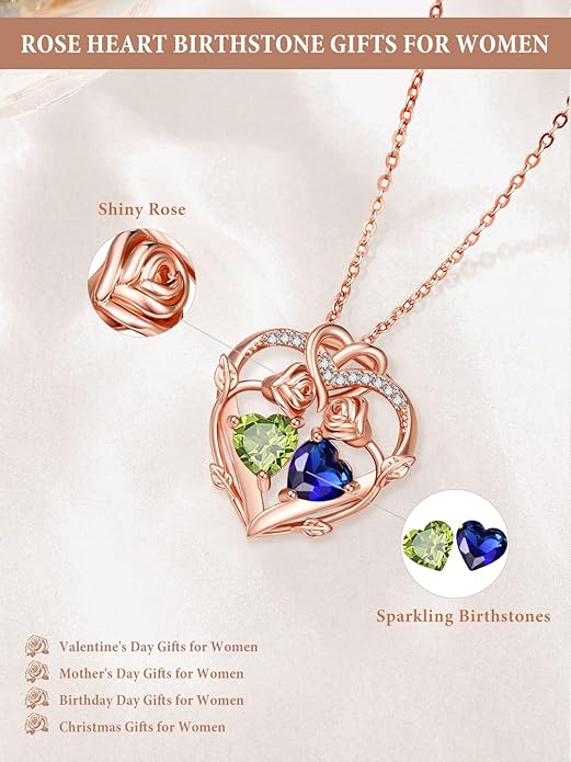 Rose Gold Necklaces for Women Double Birthstone Rose Flower Heart Pendant Necklace Jewelry Anniversary Christmas Valentine's Mother's Day Birthday Gift for Wife Mom Her Girlfriend Sister