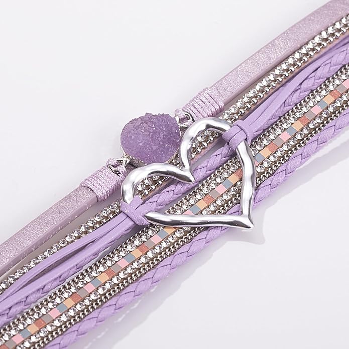 FANCY SHINY Heart Leather Wrap Bracelets Stackable Boho Cuff Bangles Trendy Resin Stone Rhinestone Bracelets with Magnetic Clasp for Women
